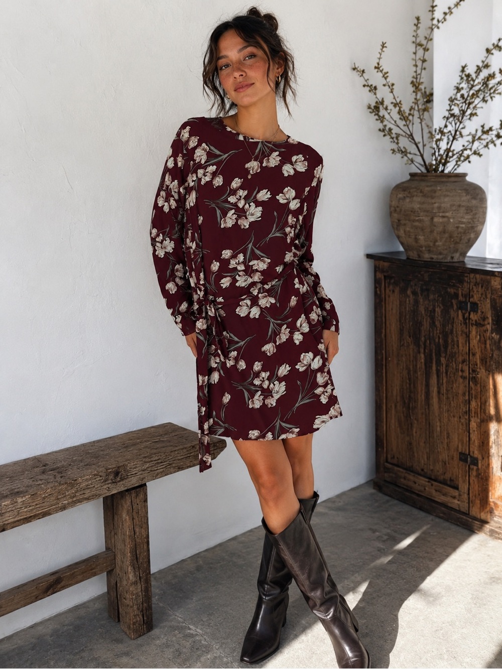 Emma Knudsen Floral Long-Sleeve Tie-Waist Dress in Burgundy